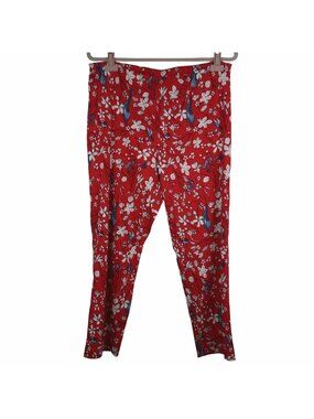 Soft Surroundings L Floral Print Red Pants Stretch Ponte Crop Ankle